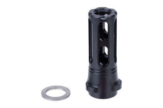 Pistol caliber carbine flash hider with crush washer for 9mm barrels.